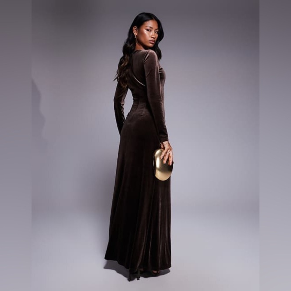 Max Studio Chocolate Brown Velvet Long Sleeve Maxi Dress - Picture 3 of 11